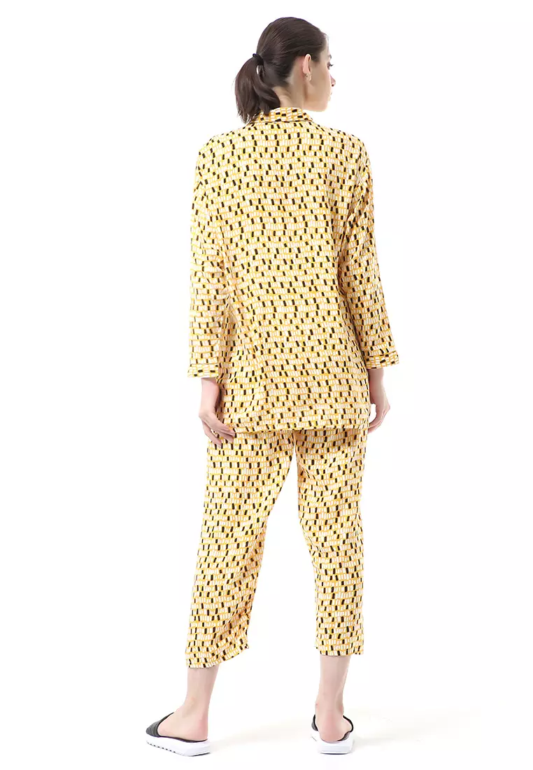 Nayra One Set Setelan Kemeja Wanita Lengan Panjang Printed Motive Full Kancing Material Rayon ORIGINAL - Yellow