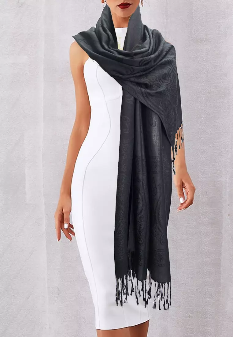 Reversible Viscose Paisley Pattern Pashmina Shawl Syal Wanita Black