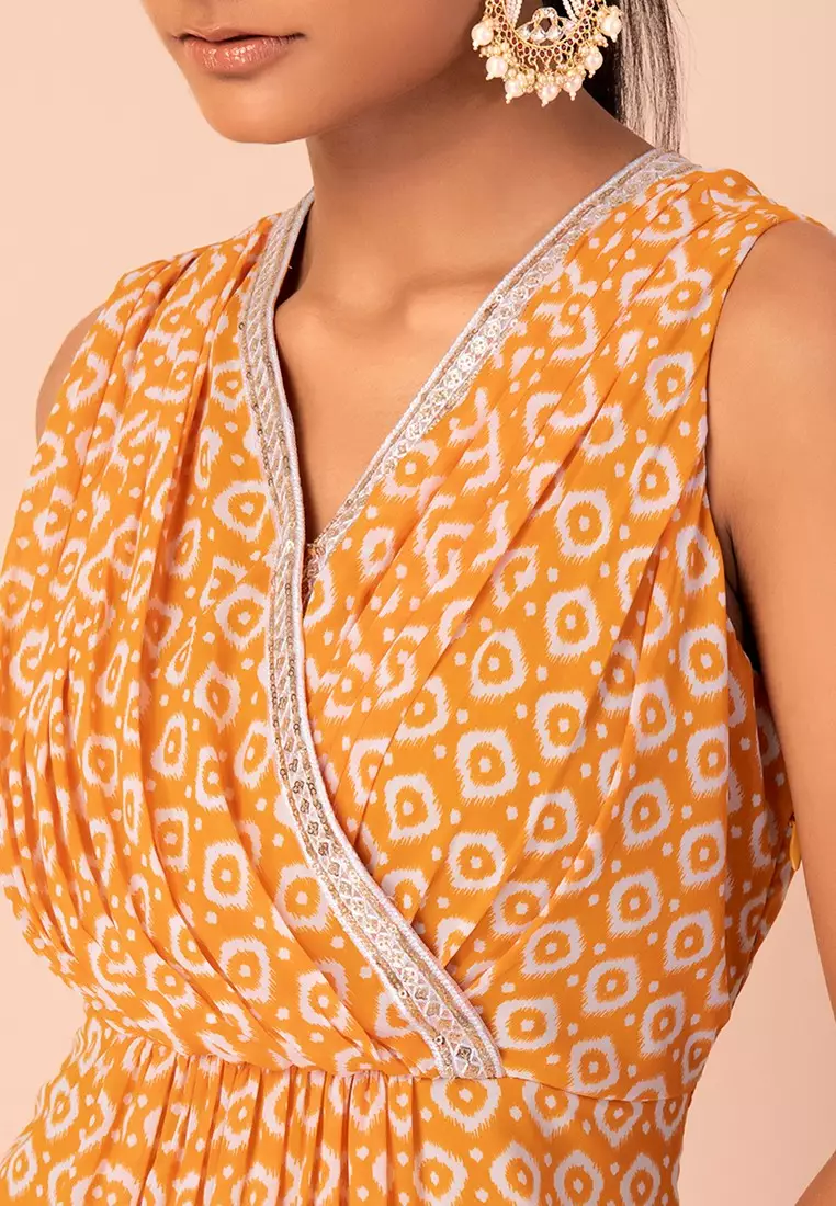 Yellow Ikat Printed Pleated Short Kurta