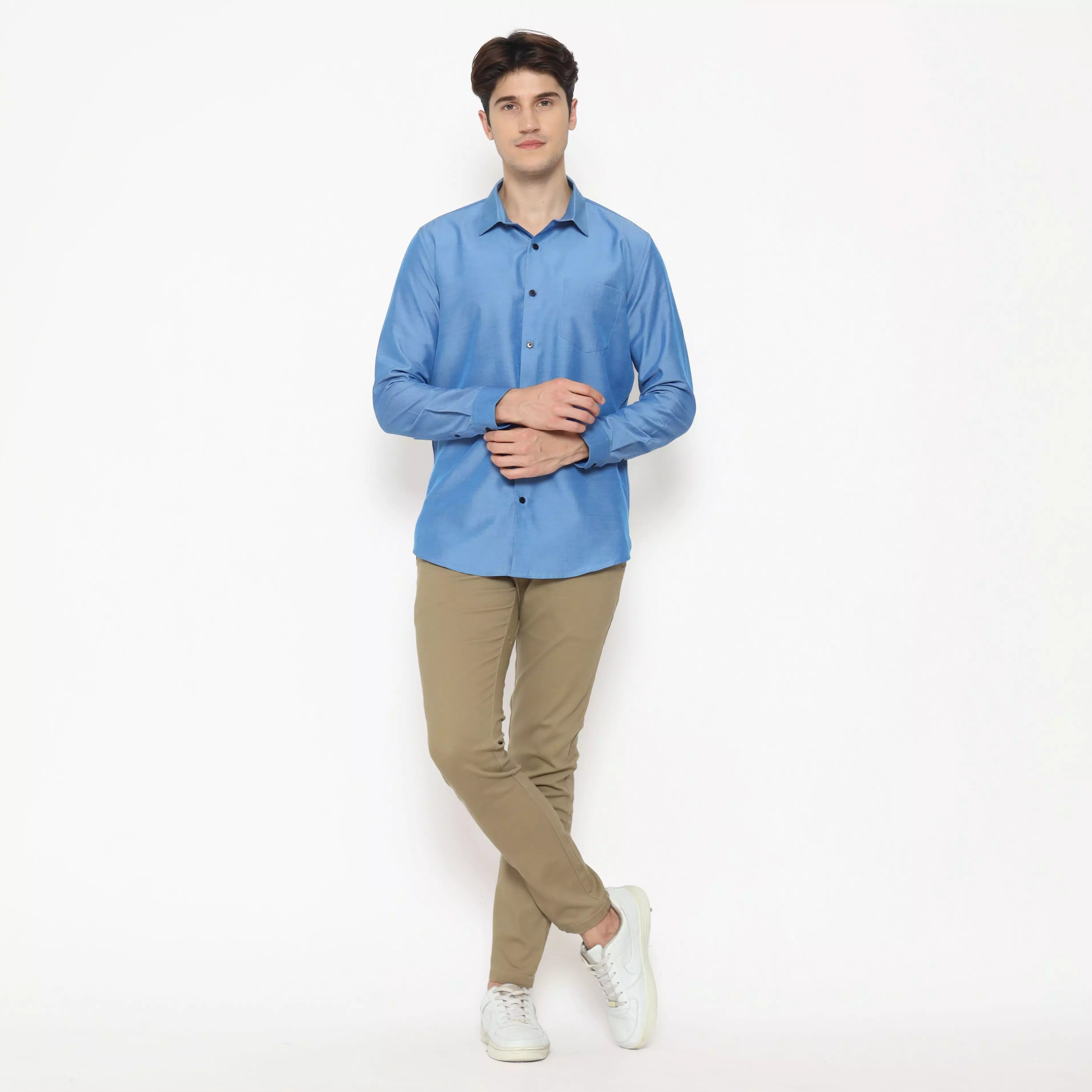 MAGINOT Kemeja Pria Basic Polos Panjang MEDIUM BLUE