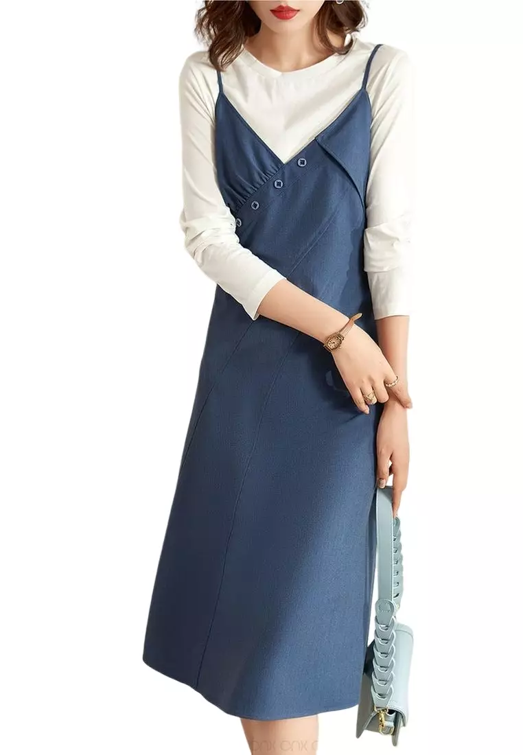 Buy ONX.HK 2PCS White Long Sleeve T Shirt Sling Dress Set