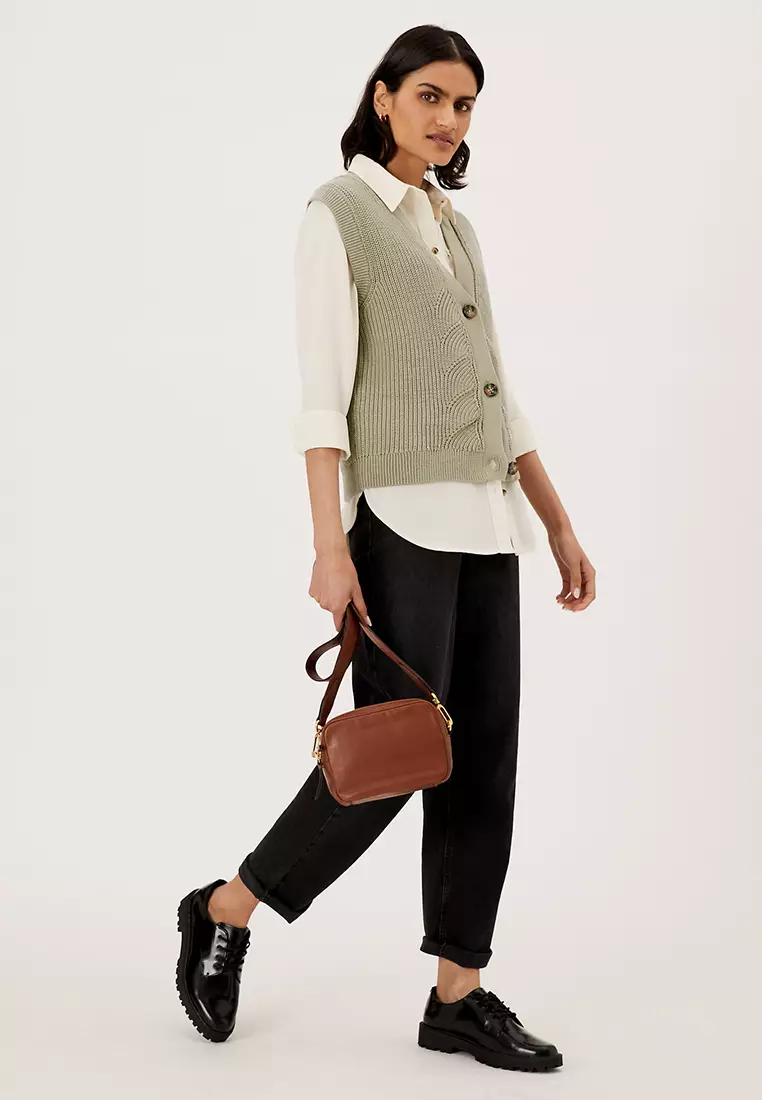 Cotton Rich Textured V-Neck Knitted Vest