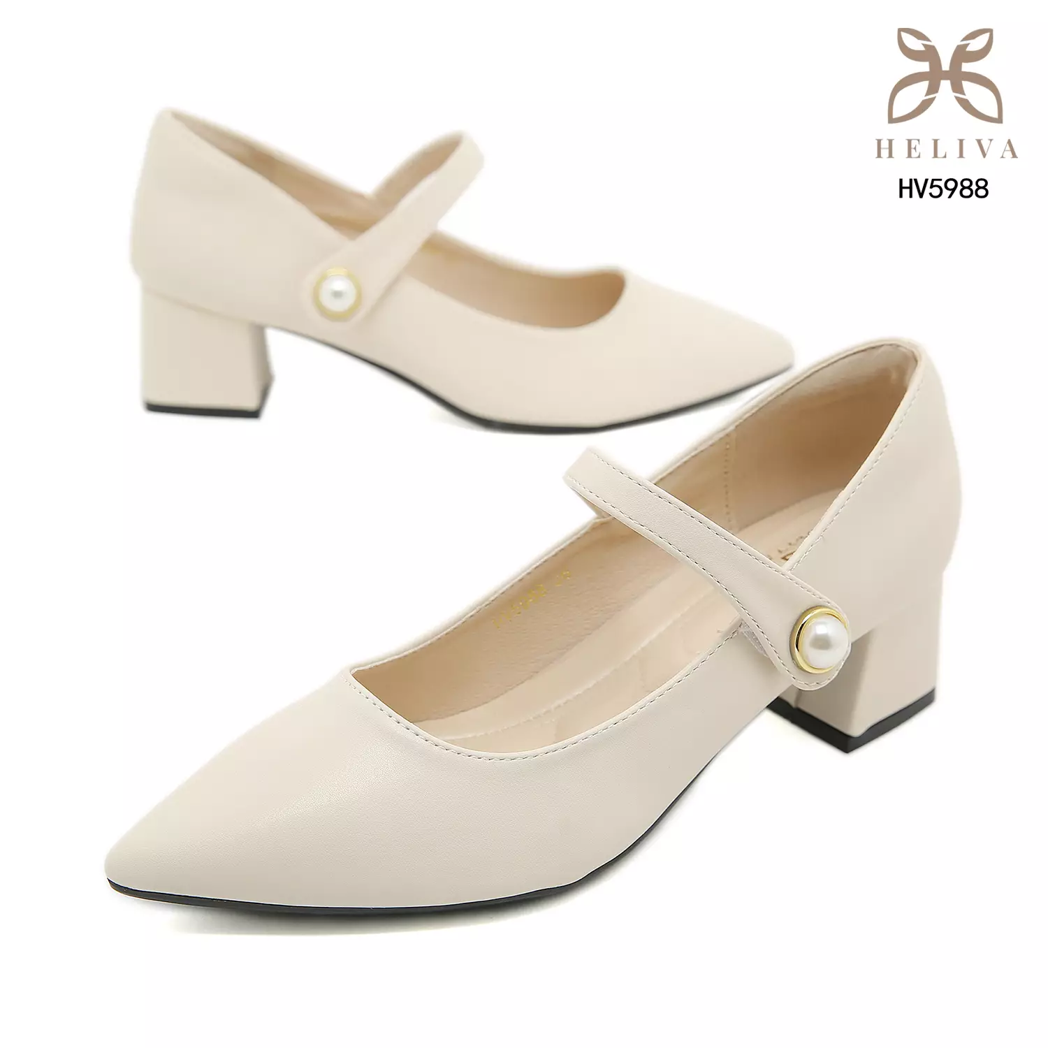 Heliva Reine Women Shoes Heels Chungky Strap Velcro Accessories Pearl 5cm HV5988