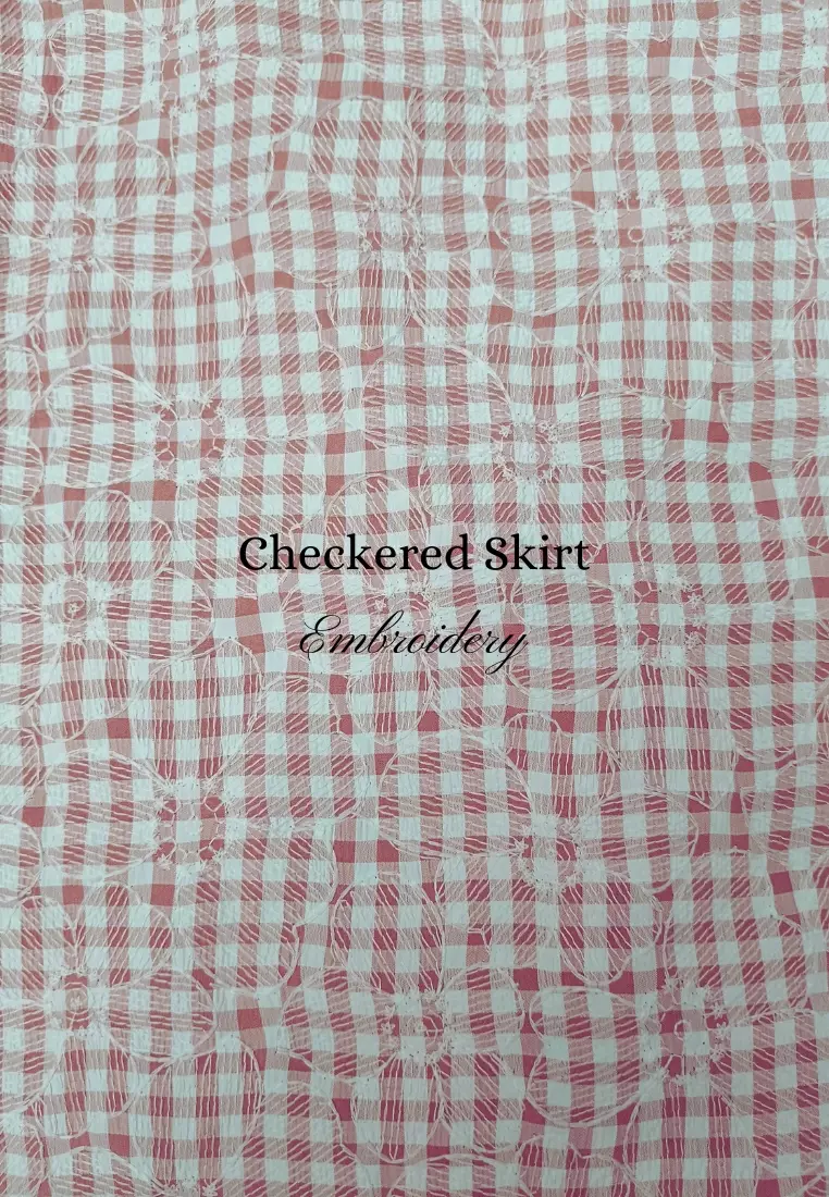 White Lace Kebaya & Pink Checkered Embroidery Maxi Skirt