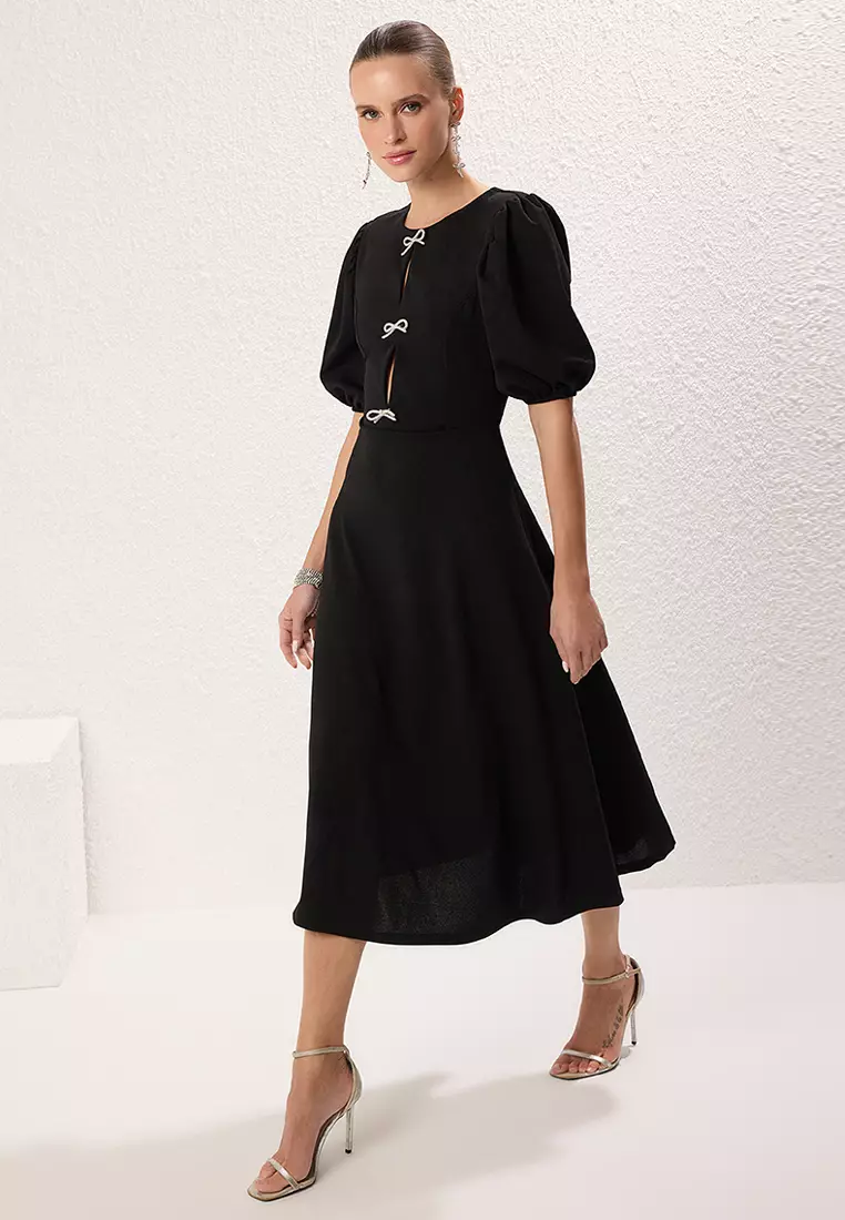 Black A-Line Bow Knitted Elegant Evening Dress Graduation Dress TPRSS25EL00234