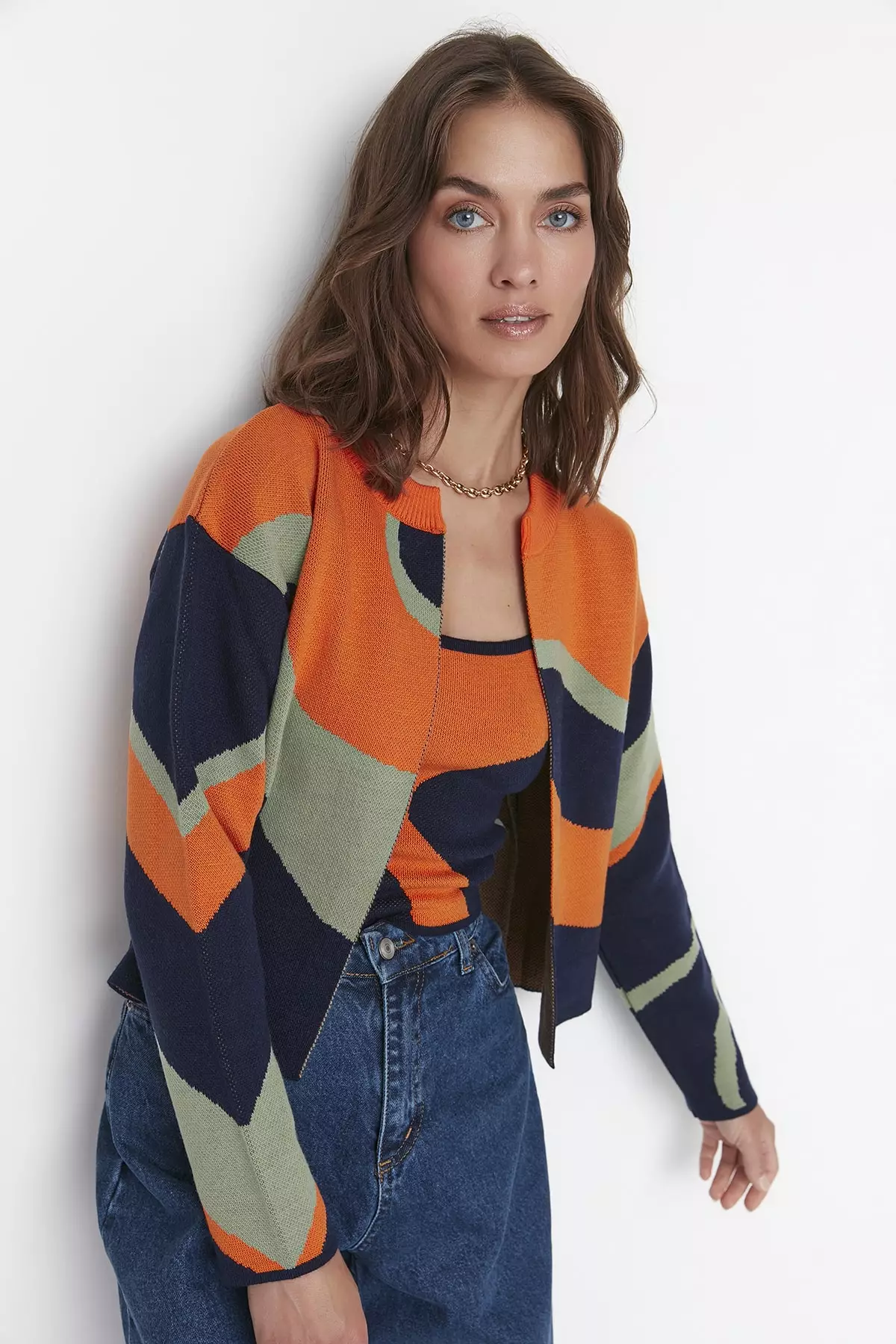 Colorblock Print Cardigan & Tank Top Set