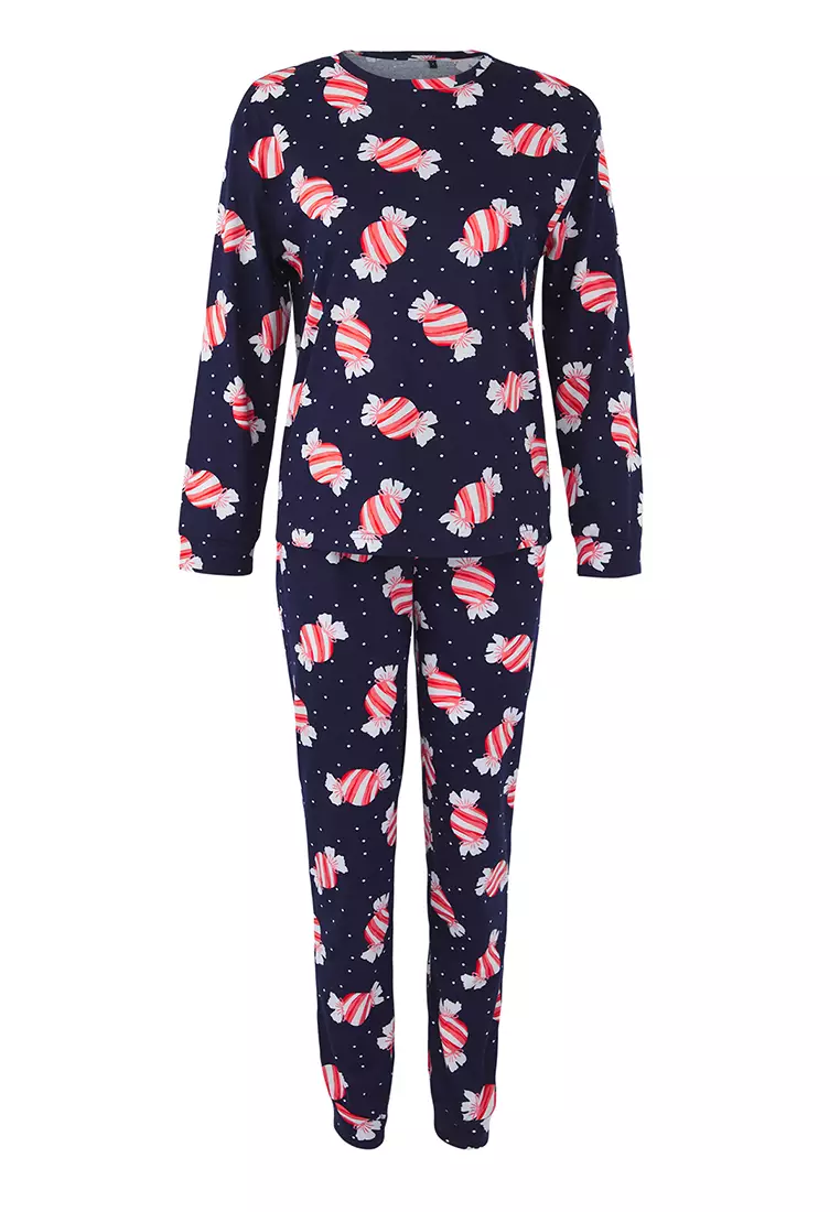 Teen Navy Blue 100% Cotton Fun Candy Printed Knitted Pajama Set Thmaw26Pt00018