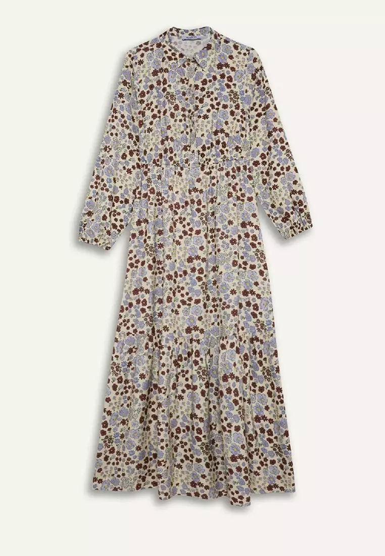 Shirt Collar Print Long Sleeve Maxi Dress