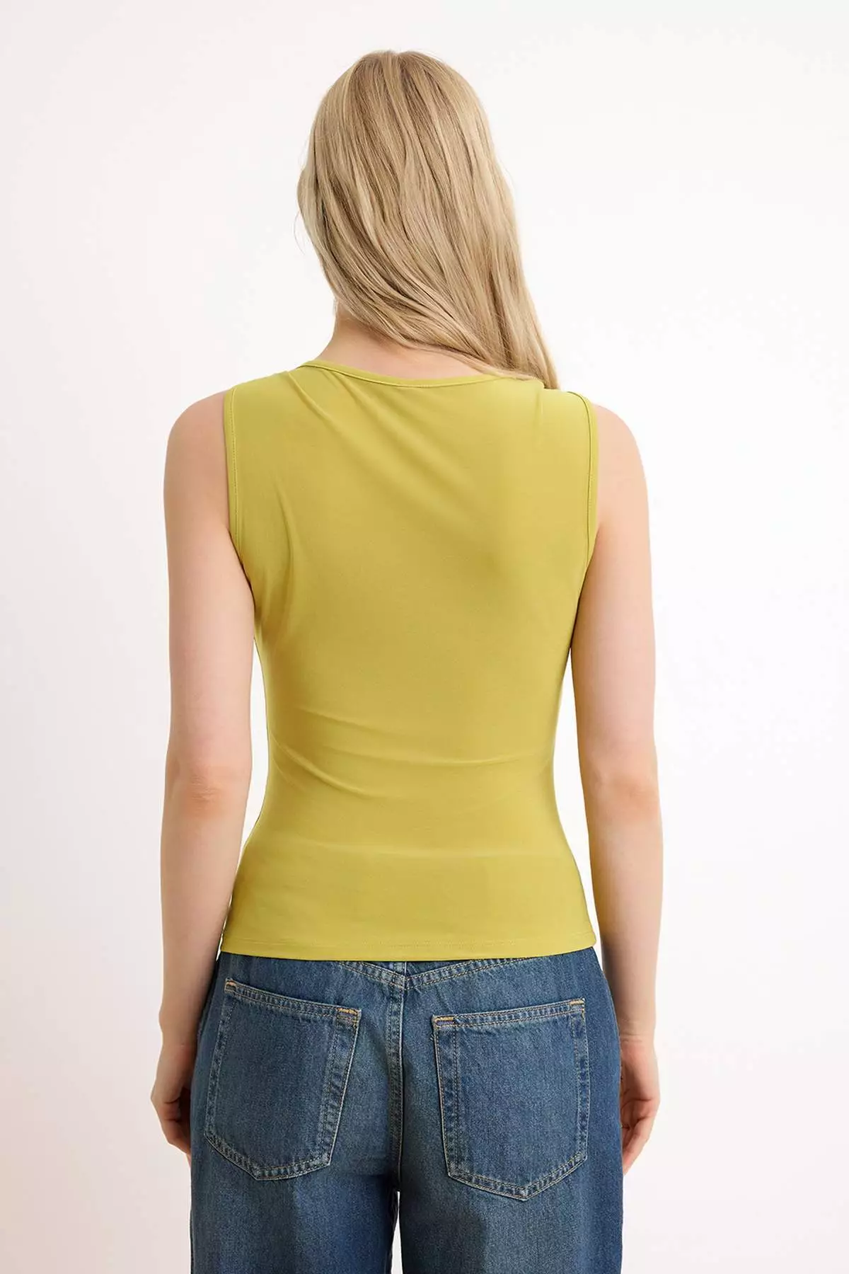 Oil Green Fitted/Bodycon Pool Collar Sleeveless Accessory Detailed Stretchy Knitted Blouse Twoss26Bz472