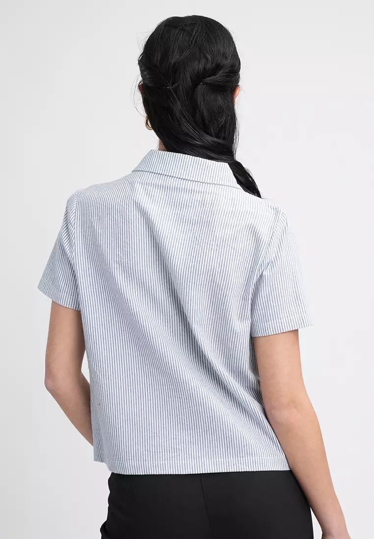 Emma Short Sleeve Striped Collared Button-Up Top Blouse
