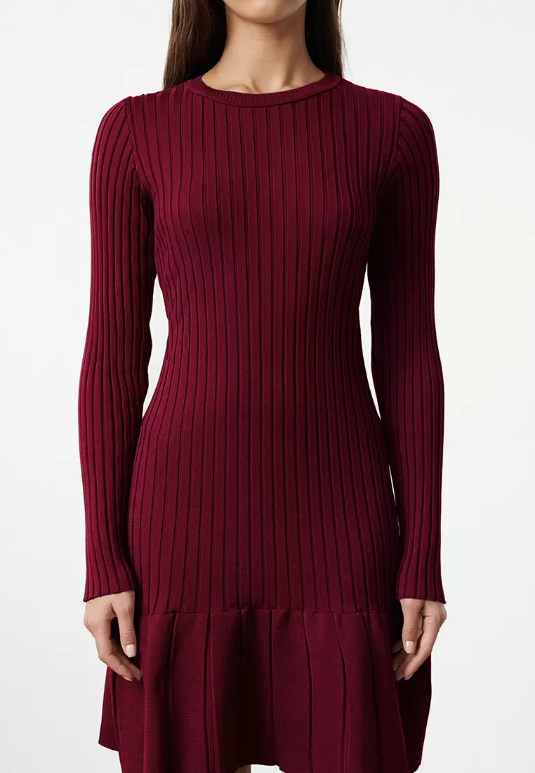 Burgundy Mini Pleated Knit Dress