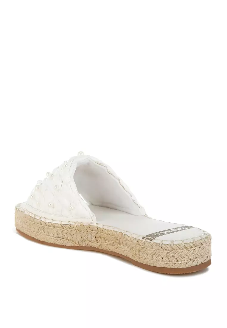 Pearl Embellished Woven Flats In White