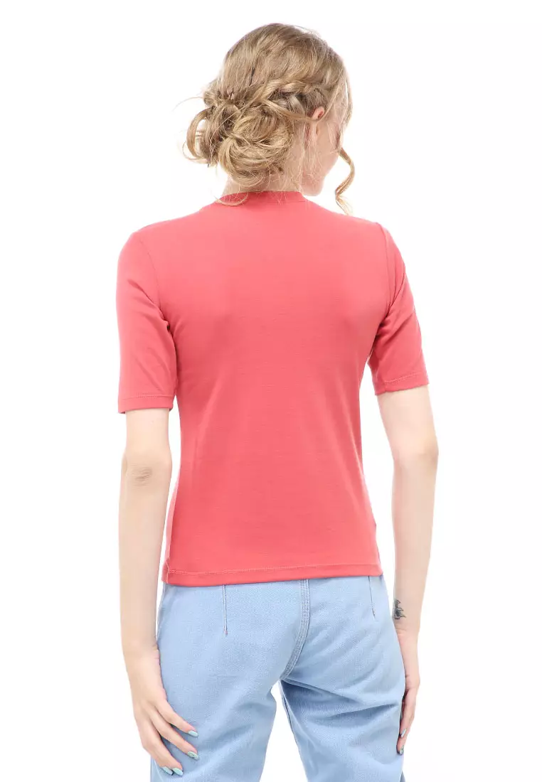 Genevie Kaos Kasual Wanita Round Neck Lengan 3/4 Material Cotton ORIGINAL - Pink Orange