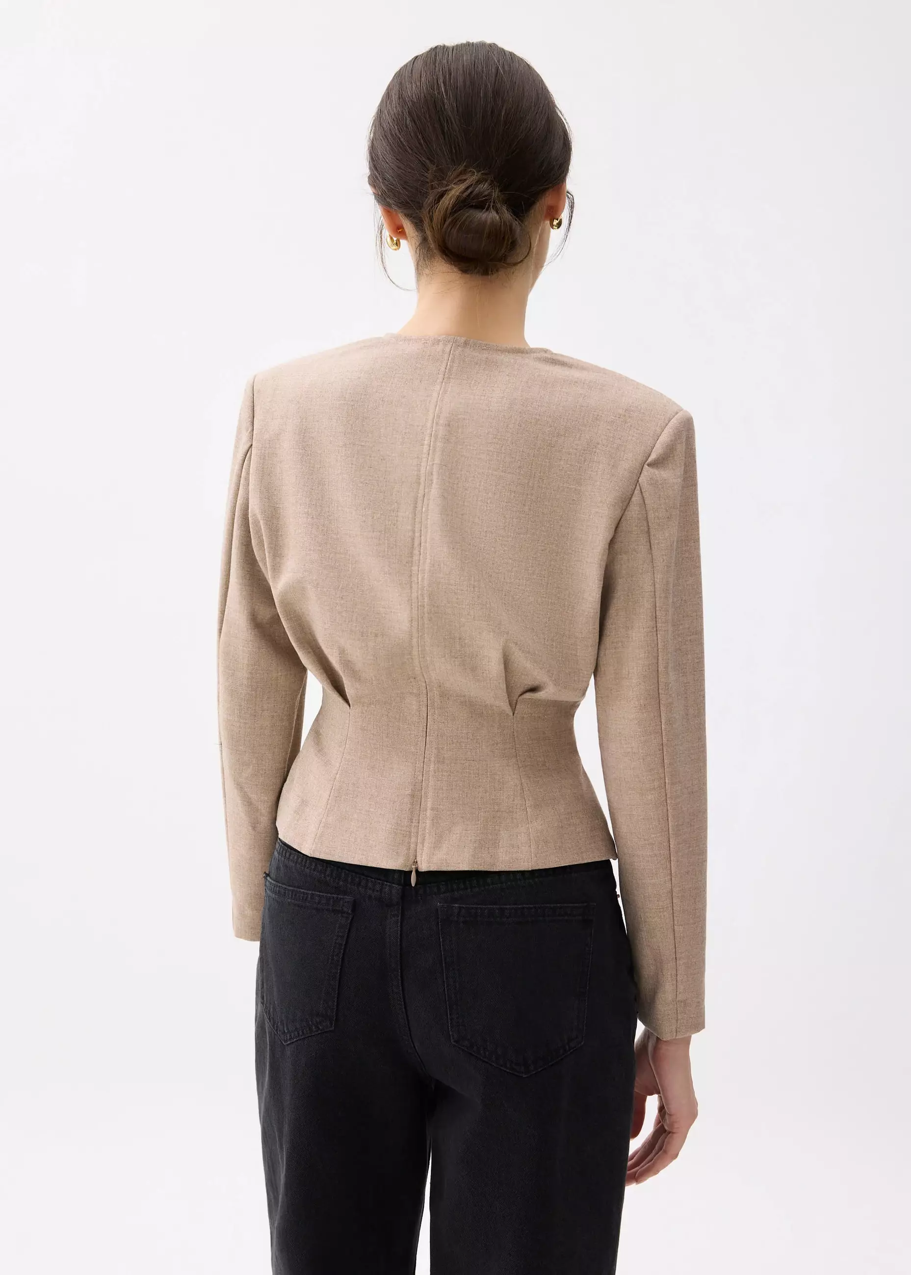 Atasan Wanita - Moon Shoulder Padded Melange V-neck Top