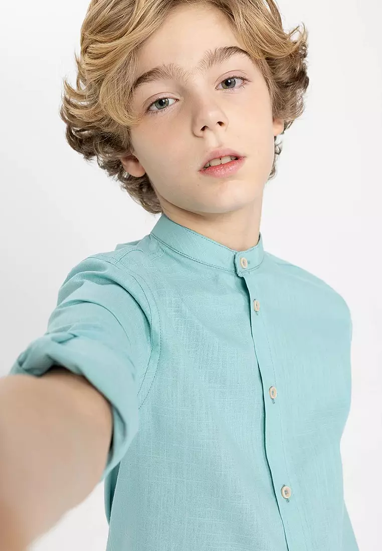 Stand Collar Linen Look Basic Long Sleeve Shirt