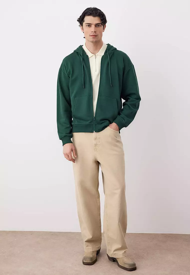Dark Green Oversize/Wide Cut Zippered Basic Non-Raising Sweatshirt-Cardigan