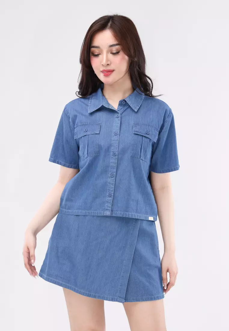 Chambray Short Sleeves Blouse/Skort Terno