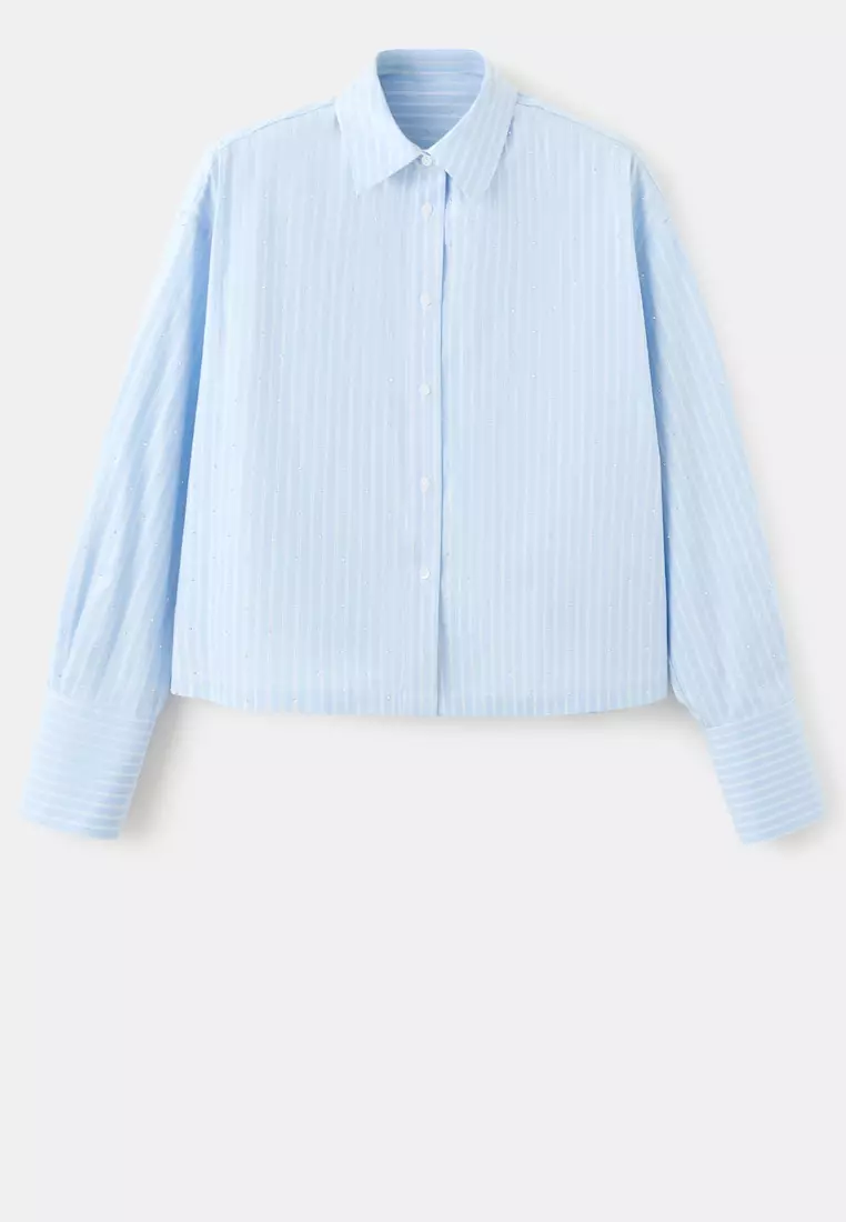 Rhinestone Striped Cropped Shirt