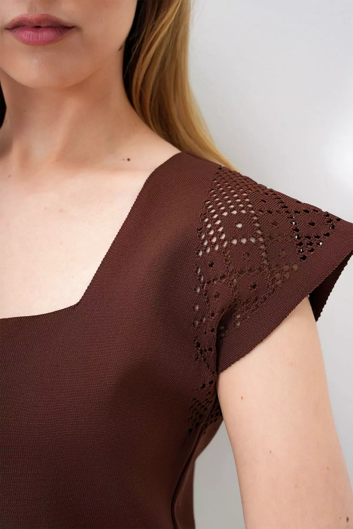 Women's Brown Square Collar Openwork Summer Knitwear Blouse