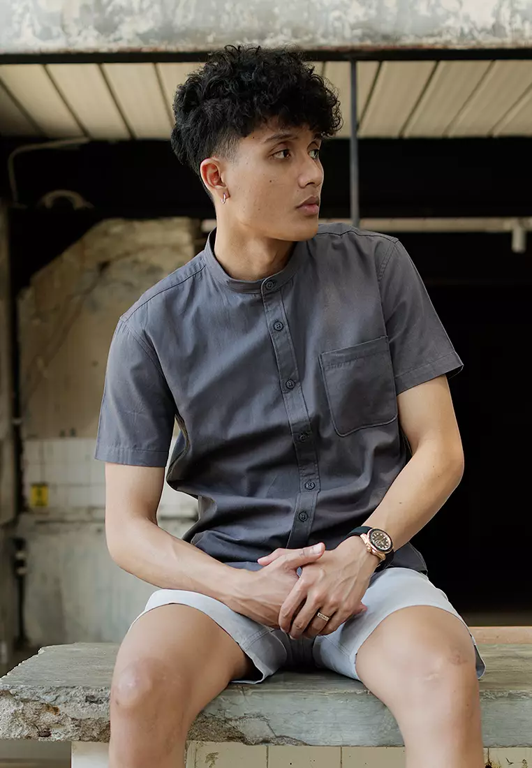 Kemeja Collarless Koko Tangan Pendek short shirt OXCON Charcoal
