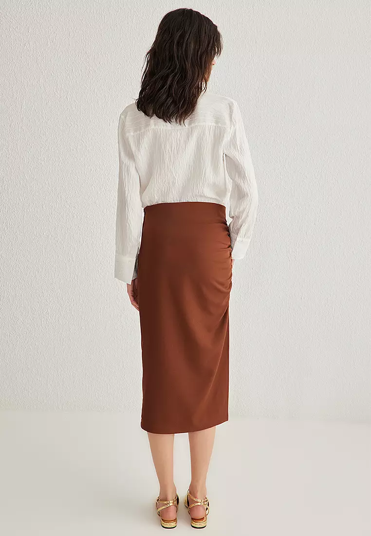 Dark Brown Pleated Slit Detail Pencil Fit Midi Woven Skirt