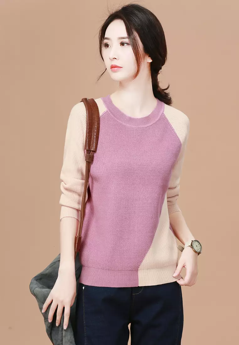 Buy A-IN GIRLS Fashion Color Matching Round Neck Sweater 2025 Online ...