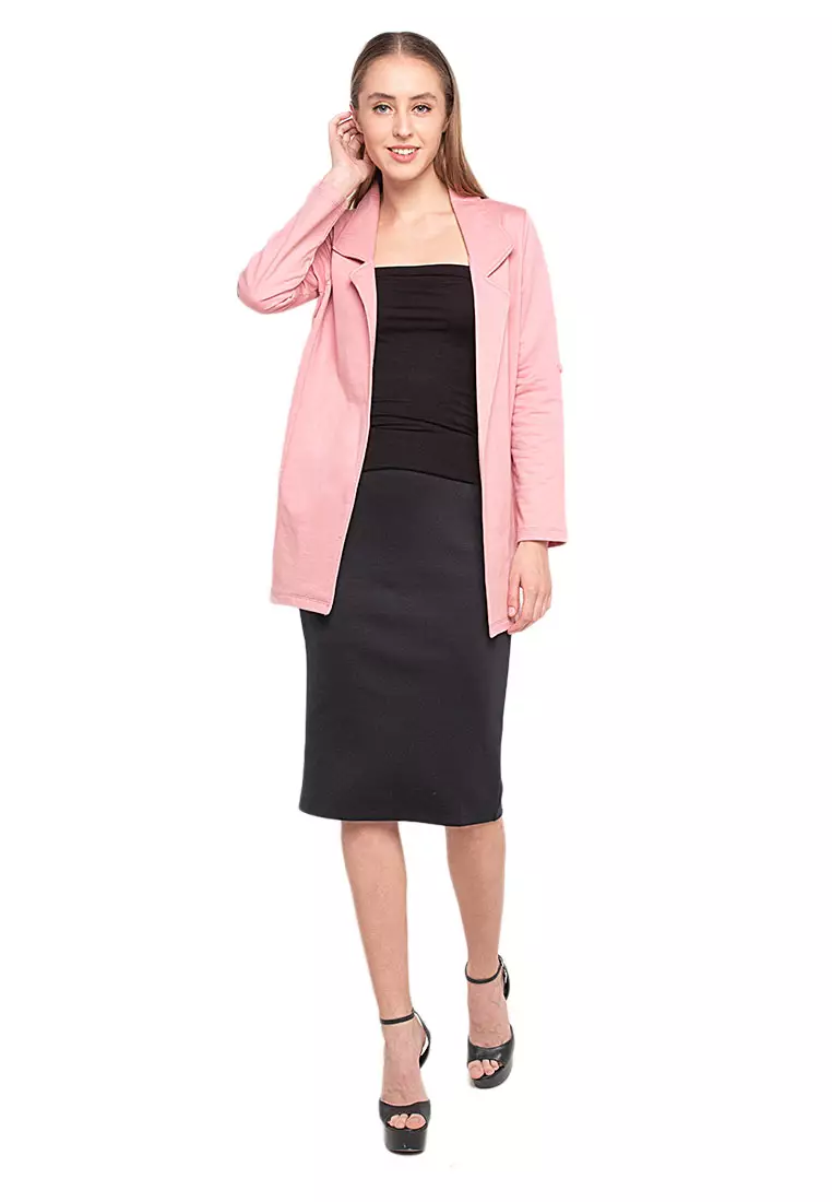 Cleve Blazer Plain Long Sleeves Atasan Wanita Design Kasual Open Front Style - Pink