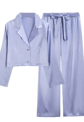 ZITIQUE blue Long Ice Silk Sleeve Pajamas-Blue FBE51US2AA1277GS_1