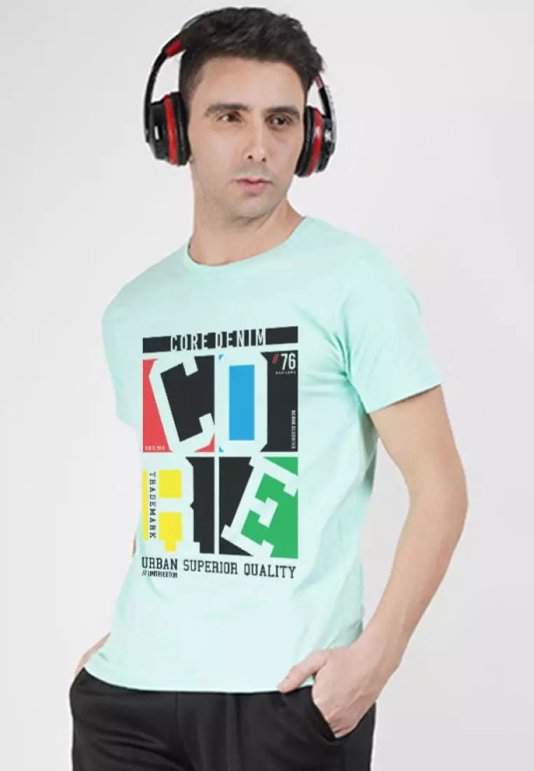 Core Denim Graphic Mint Cotton Short Sleeve Crew Neck Regular Fit T-Shirt