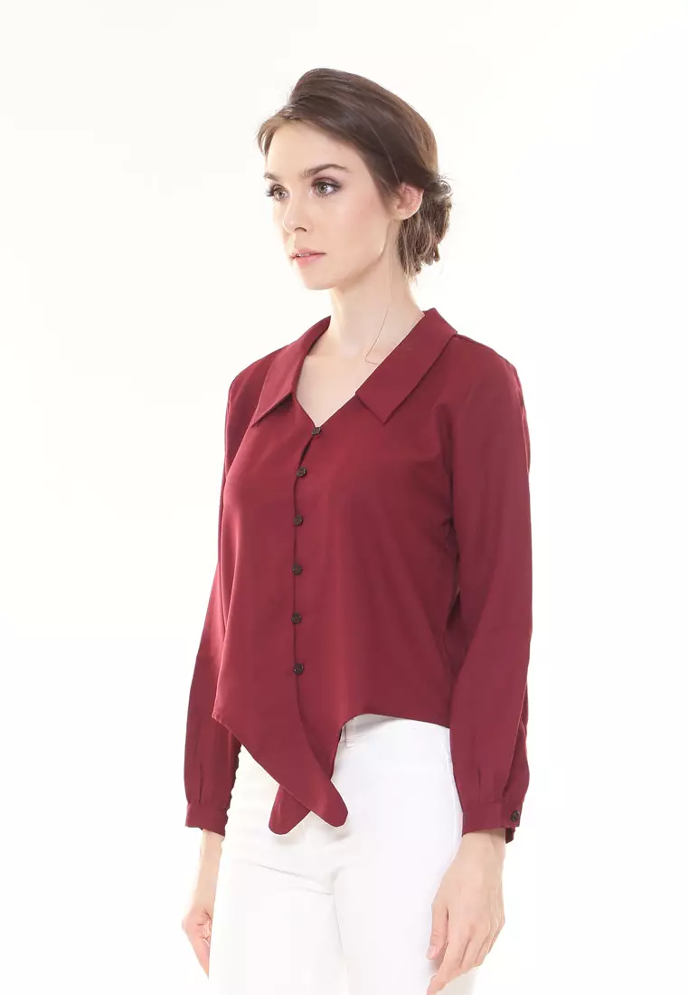 Evelyn Top Button Ribbon Tied up in Maroon