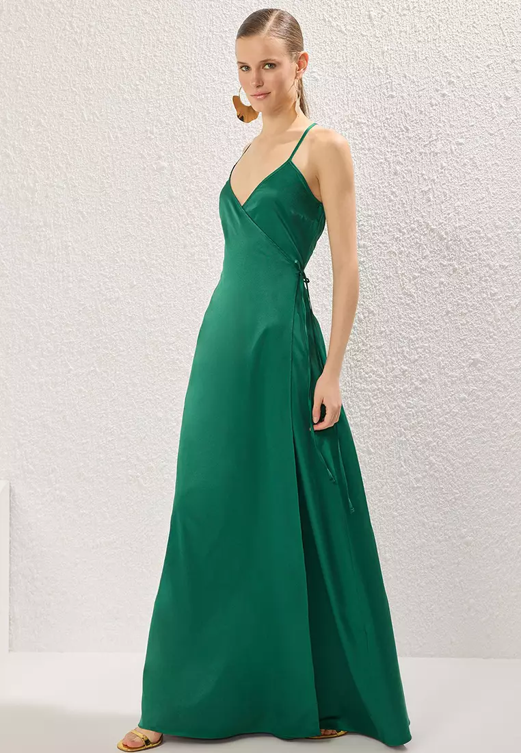 Emerald Green A-Line Satin Woven Long Elegant Evening Dress Graduation Dress TPRSS25AE00108