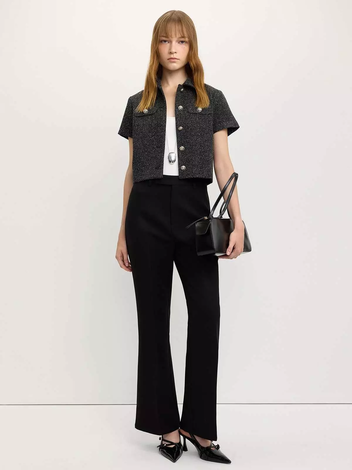 Pomelo - Kemeja / Shirt Wanita - Button-Up Crop Top - Black