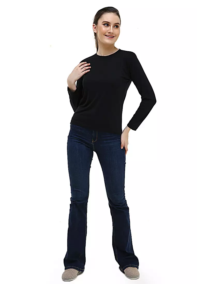 Seth Tshirt Long Sleeve Motif Polos Design Simple Atasan Wanita - Hitam