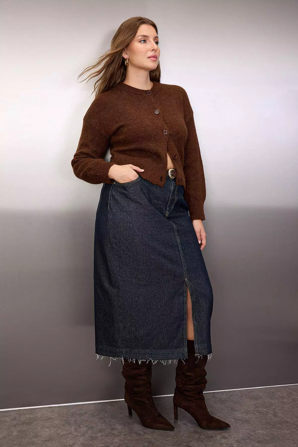 Plus Size High Waist Denim Midi Skirt