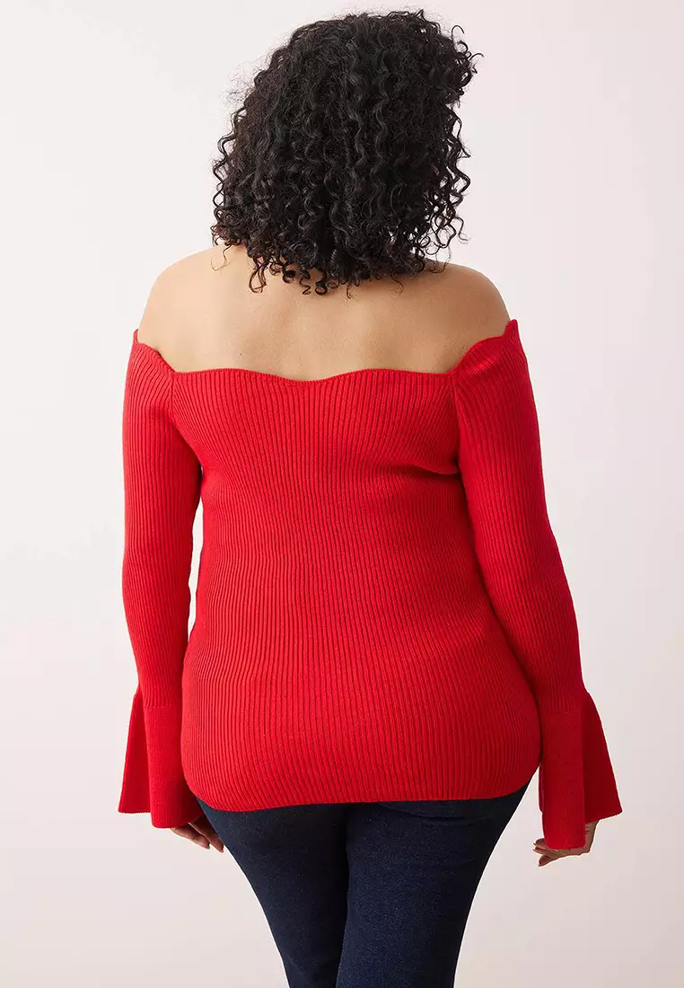 Red Ribbed Carmen Collar Knitwear Sweater Tbbaw26An00031