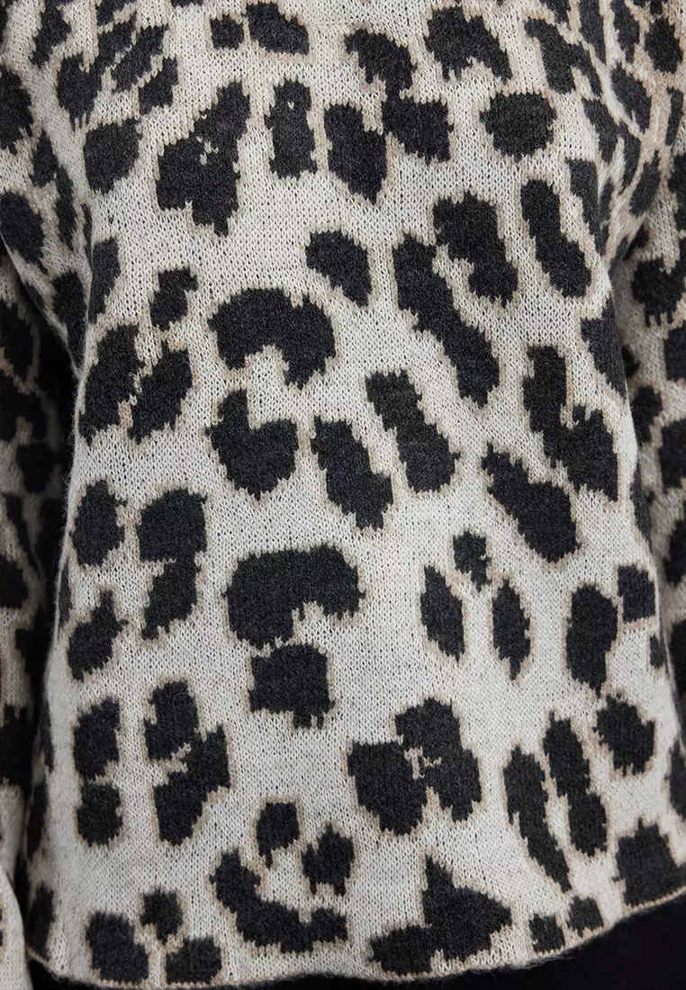 Anthracite Soft Texture Leopard Patterned Knitwear Sweater