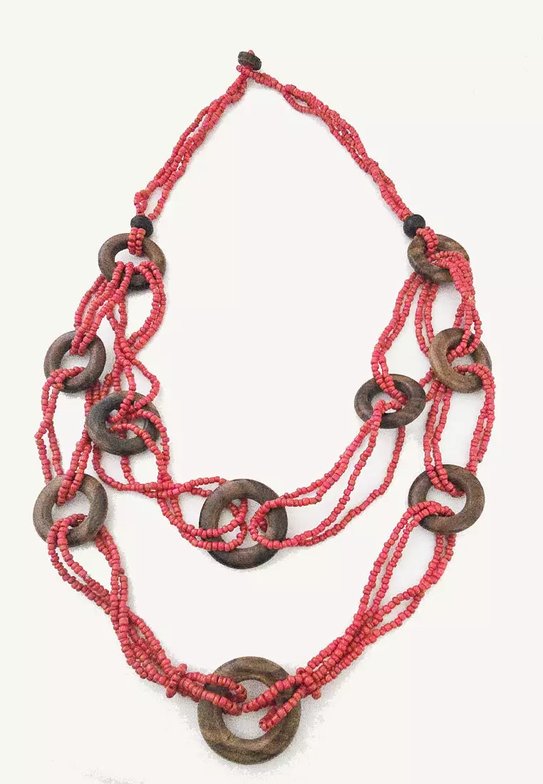 Aksesoris Wanita Loops Wooden Beads Necklace Kalung Wanita Manik-manik Red