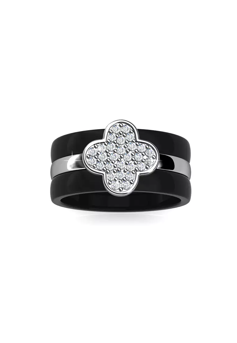 Clover Ceramic Ring Black - Cincin Crystal by Her Jewellery