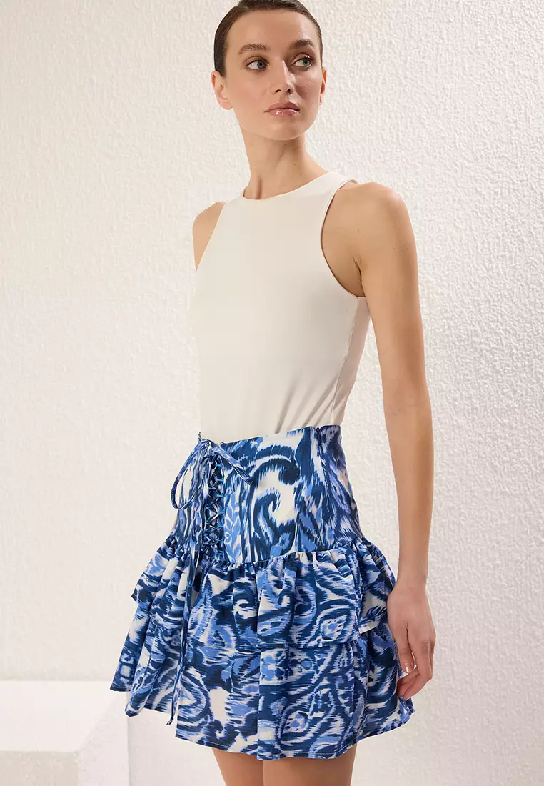 Multicolored Patterned Hip-Sit Corset Detail Tied Mini Size Weaving Skirt