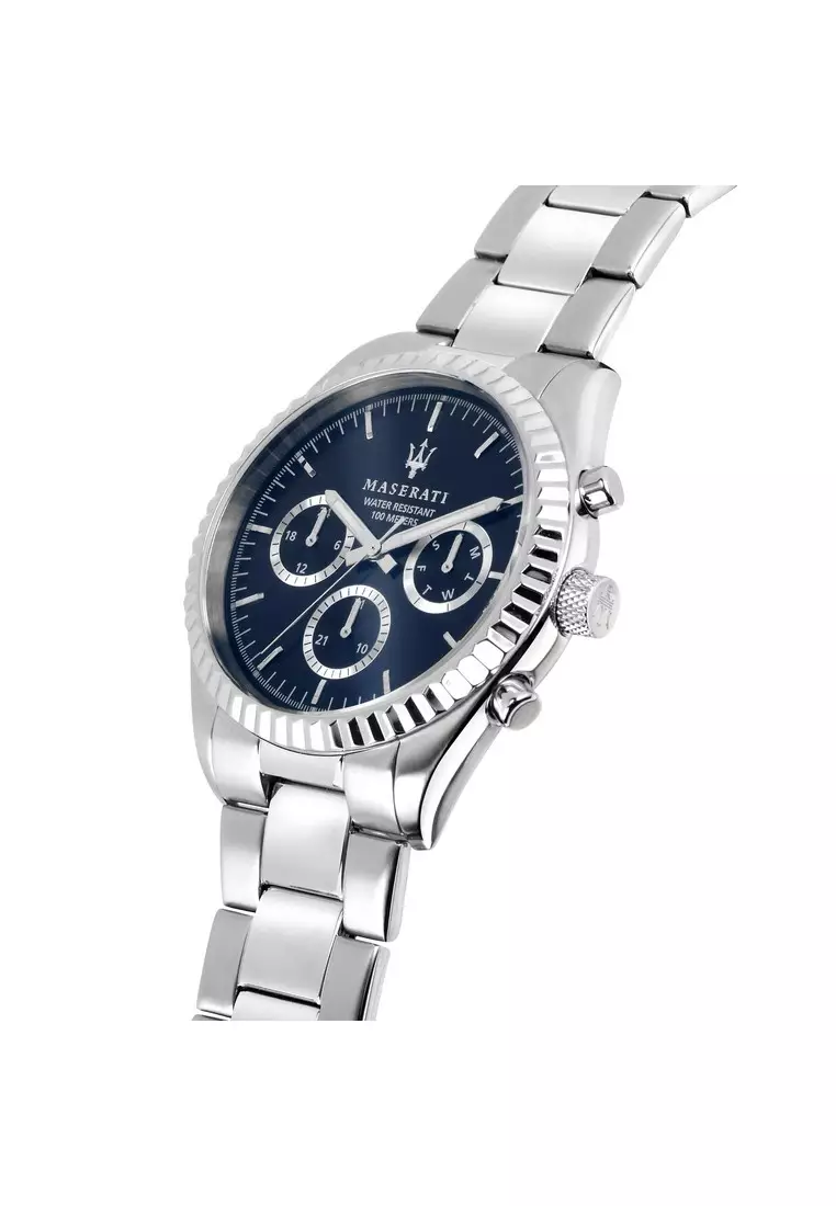 【2 Years Warranty】Maserati Competizione 43mm Blue Dial Silver Stainless Steel Chronograph Men's Quartz Watch R8853100022 With Luminous Dial Hands