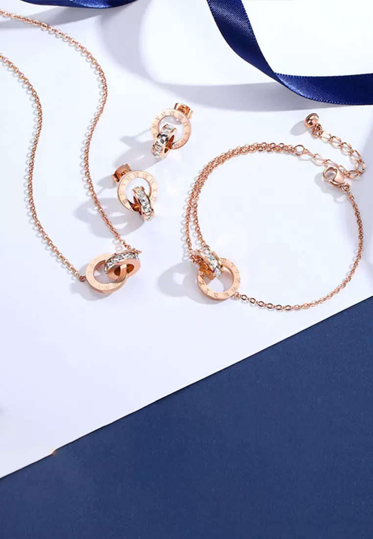 Athena Classic Interlocking Necklace + Bracelet + Earrings Jewellery Set in Rose Gold