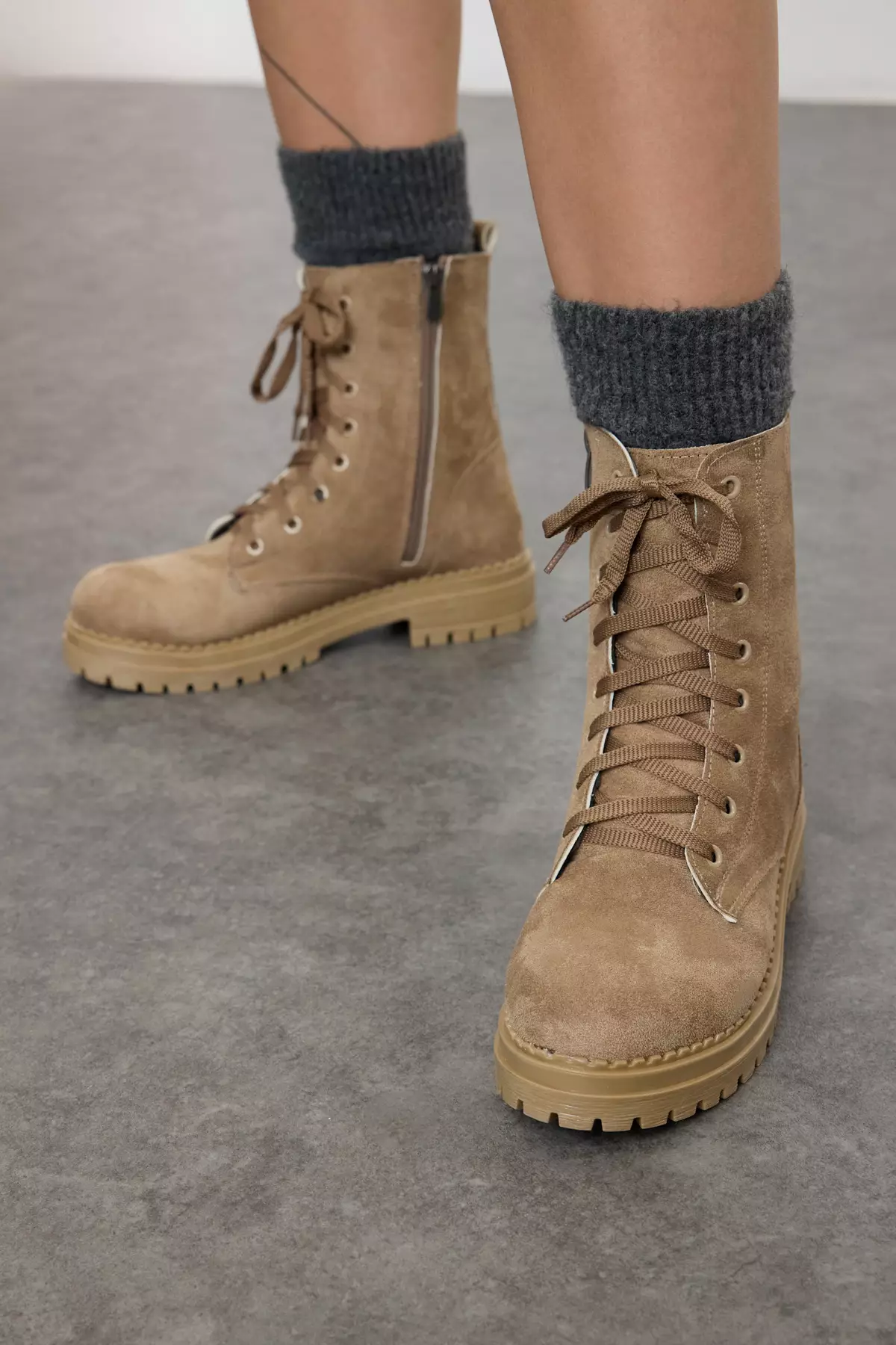 Jual Trendyol Mink Suede Lace-Up And Zip-Up Short Flat Women's