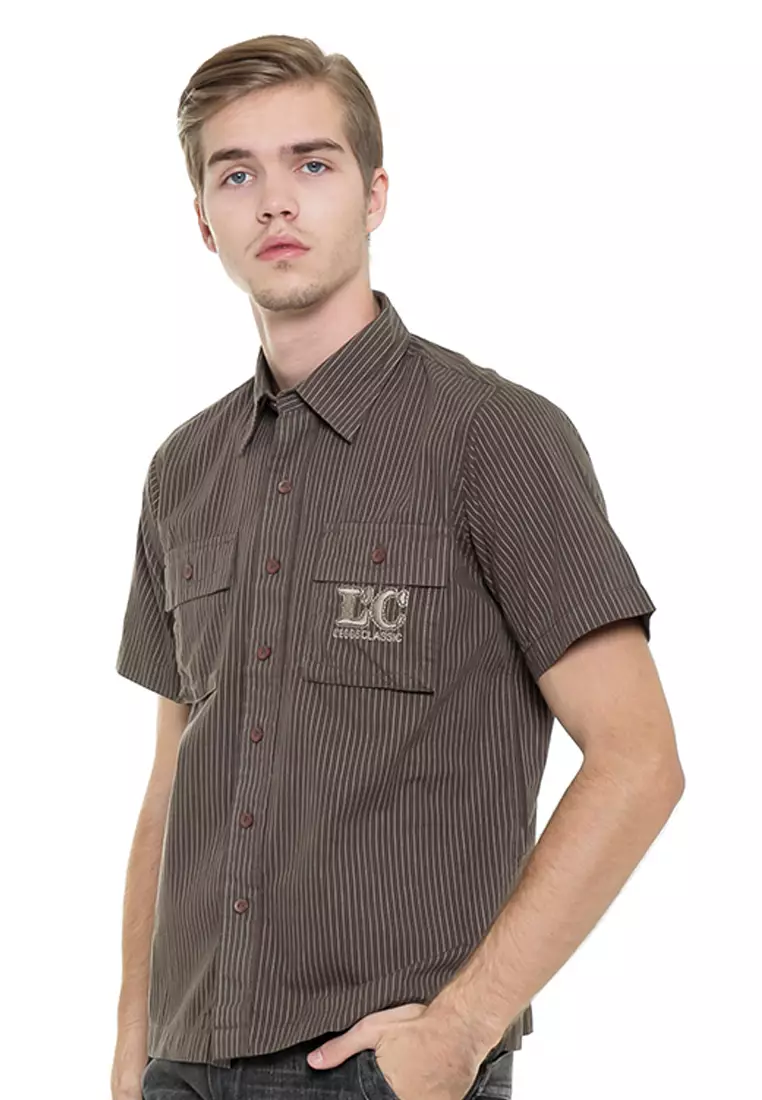 LGS - Kemeja Casual Pria - Lengan Pendek - Motif Salur - Warna Coklat Gelap