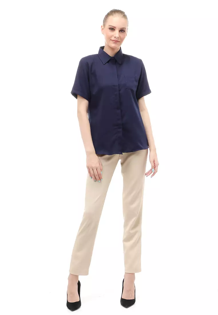 Shirt Atasan Wanita Lengan Pendek Detail Saku Motif Polos Design Simple - Navy