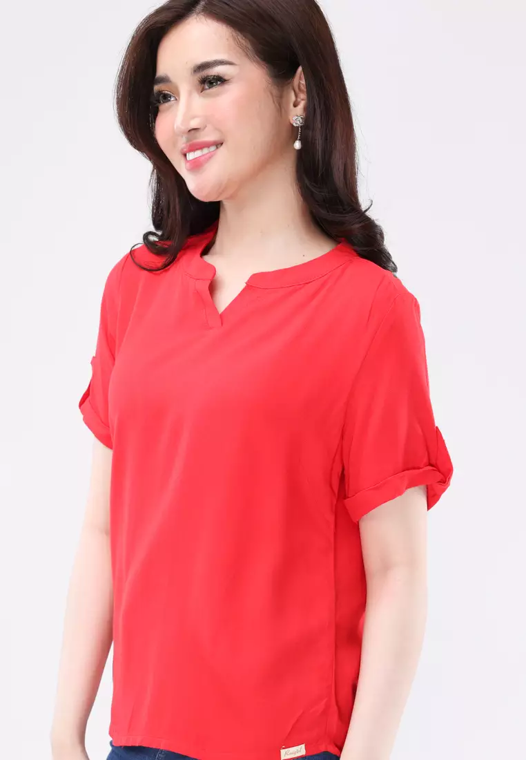 Bold Twill Short Sleeves Collared Blouse