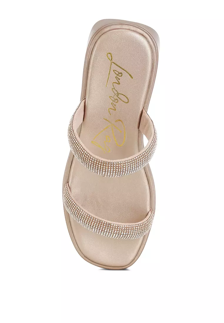 Sandal Platform Berhias Berlian Imitasi Tebal Warna Emas Mawar