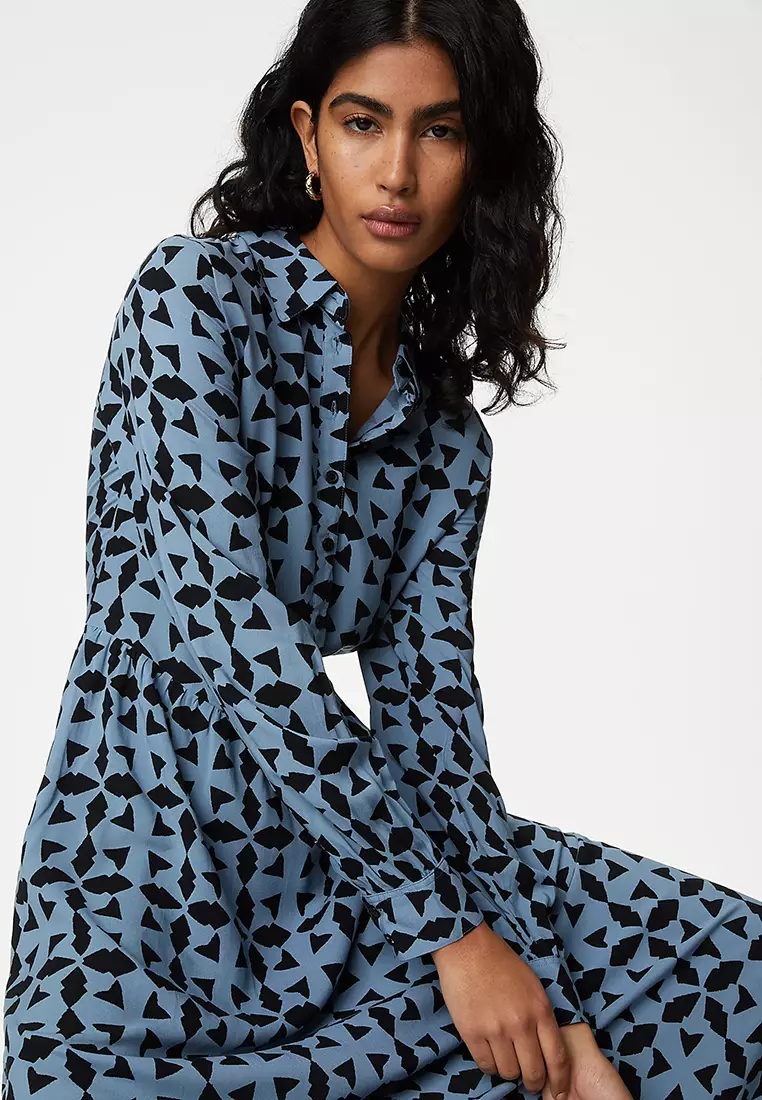 Printed Button Front Midi Shirt Dress