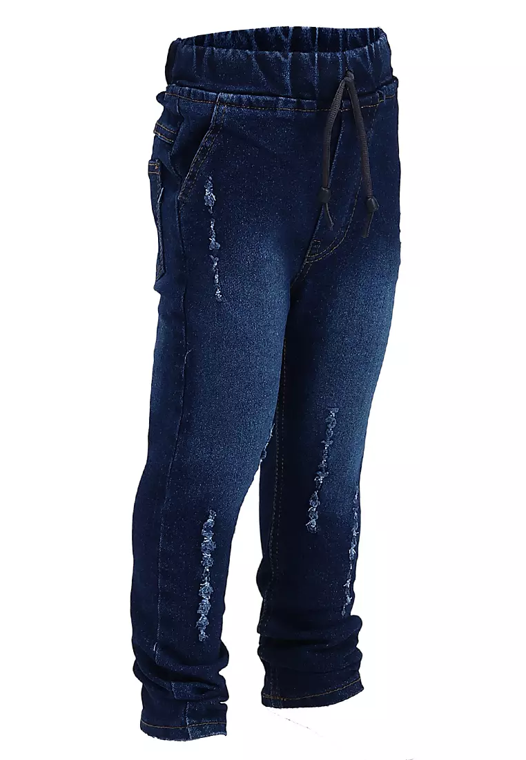 Presleyy Celana Jeans Anak Laki-laki Motif Polos Kid Long Pants Pinggang Karet Material Denim ORIGINAL - Dark Blue