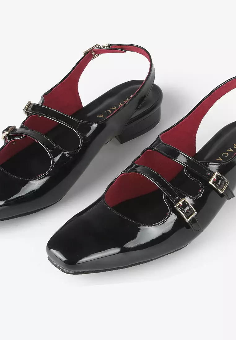 Emily Mary Jane Flat Shoes with Sling Back in Black