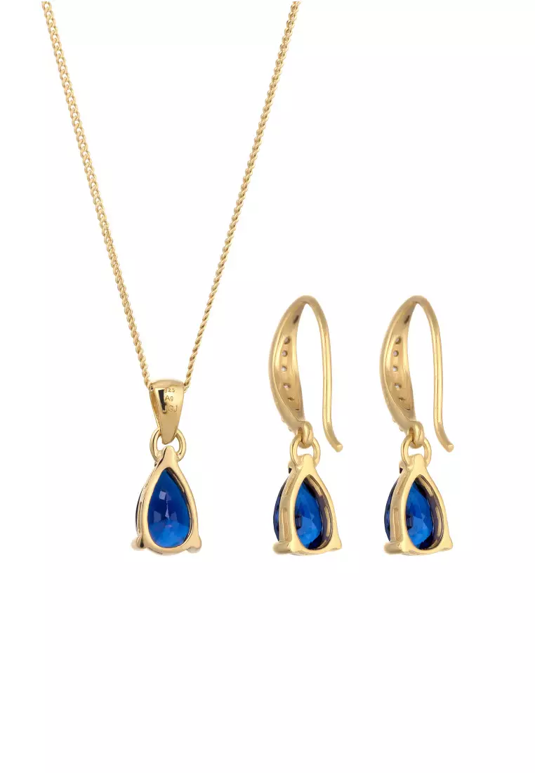 Set Perhiasan Perak 925 Wanita Drop Sapphire Elegant Zirconia Gold Plated